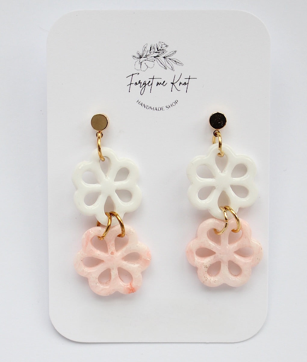 Wood and flowered square earrings