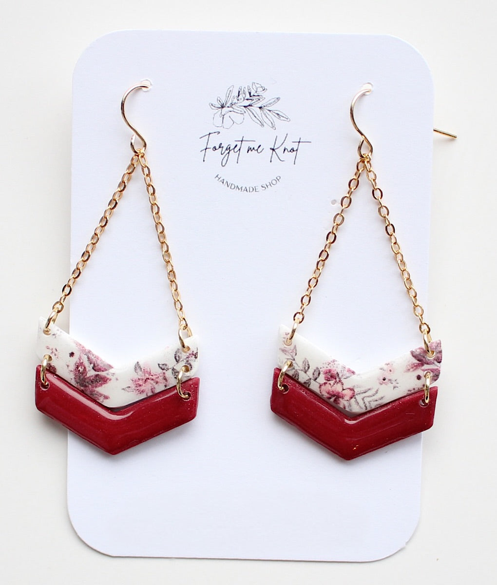 Wood and flowered square earrings